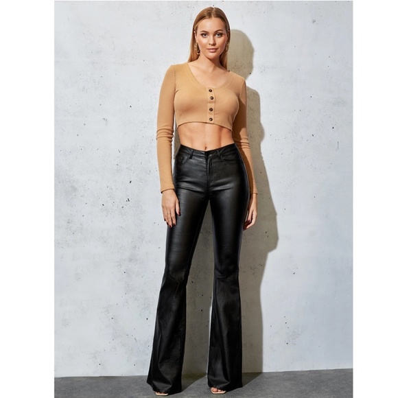 Black Faux Leather Wax Coated Jeans Flared Leg Bell Bottom High Waist - Picture 5 of 16